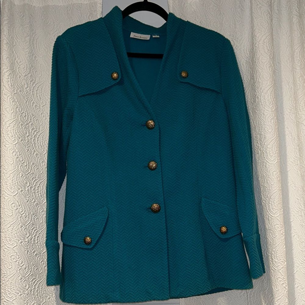 Joan Rivers Easy Elegance Teal Textured Knit Blazer Jacket with Gold Buttons